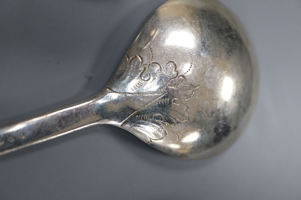 A pair of George IV silver fiddle pattern sauce ladles, Patrick Sutherland, Edinburgh, 1826 and two antique spoons